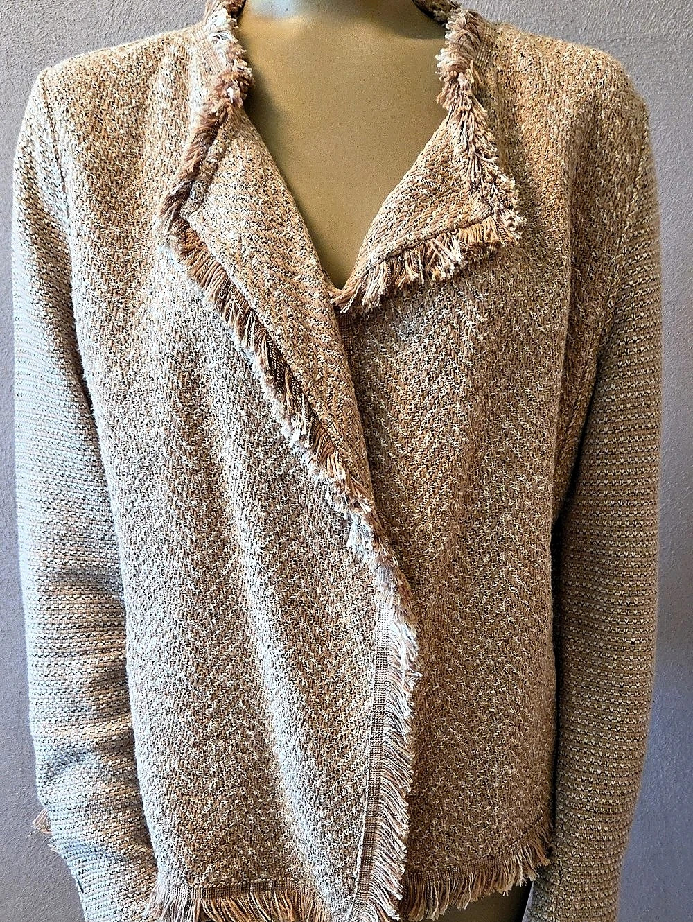 NIC+ZOE Cork Fringe Knit Jacket Camel & White